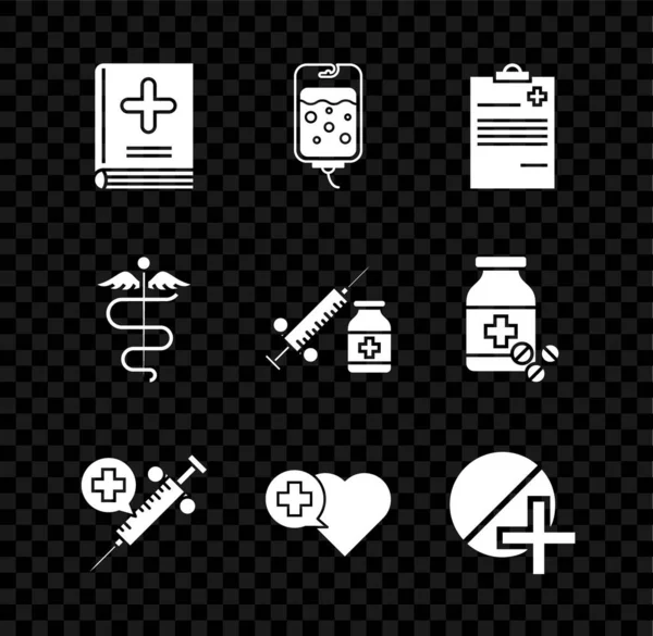 Orvosi könyv, infúziós zsák, írótábla klinikai feljegyzésekkel, fecskendő tű, szív kereszt, gyógyszer tabletta, Caduceus kígyó orvosi szimbólum és ampulla ikon. Vektor — Stock Vector