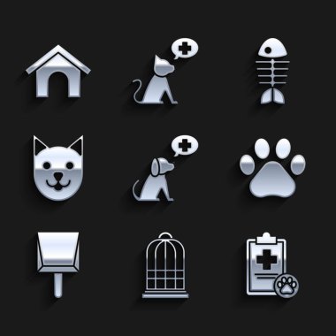 Veterinerlik kliniği sembolü, kuşlar için kafes, tıbbi kayıt evcil hayvanı olan pano, pati izi, faraş, kedi, balık iskeleti ve köpek evi ikonu. Vektör