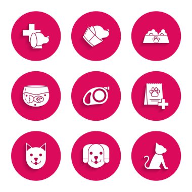 Karabina, köpek, kedi, köpek maması, akvaryum balığı, evcil hayvan kasesi kedisi ve veteriner kliniği simgesi ikonu ile geri çekilebilir ip tasmasını hazırlayın. Vektör