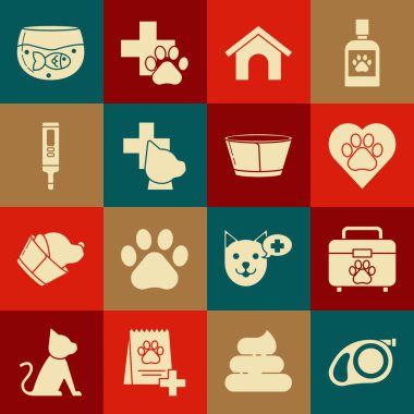 Karabinalı geri çekilebilir kordon tasması, kalp hayvan ayak izi, köpek evi, veteriner kliniği sembolü, tıbbi dijital termometre, akvaryum balığı ve koruyucu koni tasma ikonu. Vektör