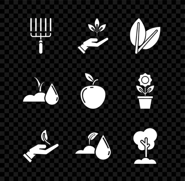 Set Rastrillo de jardín en el trabajo, Mano de la planta de protección del medio ambiente, Hojas, Brote, Brote de riego, Árbol del suelo, y el icono de Apple. Vector — Vector de stock