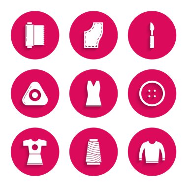 Kadın elbisesi, dikiş ipliği, kazak, kıyafet düğmesi, tebeşir, kesici alet ve tekstil kumaş rulo ikonu. Vektör