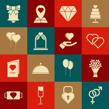 Cinsiyet belirle, çiçek buketi, İki Bağlı Kalp, Elmas, Düğün kemeri, Balonlar kurdeleli kalp, zil ve el ikonu. Vektör