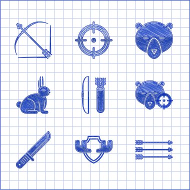 Ok ve yay, kalkan, geyik boynuzları, hippi okları av ayısı, av bıçağı, avcı bıçağı, tavşan, ayı kafası ve ikon. Vektör