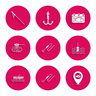 Balık oltasını olta ve yüzeyle, konum balıkçılığı, su, tekne kürekleri, ağ, takvim ve ikon ile ayarlayın. Vektör