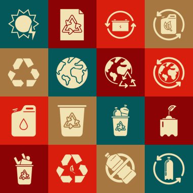 Geri dönüşüm plastik şişesi, filizlenme, gezegen ve geri dönüşüm, geri dönüşüm sembollü pil, Dünya küresi, geri dönüşüm, güneş enerjisi paneli ve ikonu ayarla. Vektör