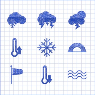 Kar Tanesi, Termometre, Dalgalar, Bulutlu Gökkuşağı, Koni Meteoroloji Rüzgârı, Fırtına ve Bulut kar ikonu. Vektör