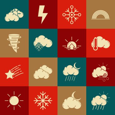 Bulut 'u yağmur ve güneşe, rüzgarlı havaya, termometre bulutuna, kar tanesine, kasırgaya, güneşe ve gün doğumuna ayarlayın. Vektör