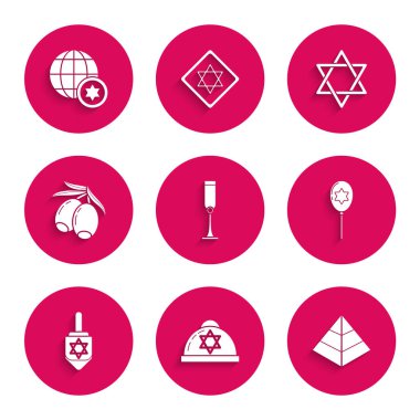 Yahudi kadehi, kippah, David yıldızı, Mısır piramitleri, Balon kurdelesi, Hanuka dreidel, zeytin dalı, Star David ve World Globe ve İsrail ikonu. Vektör