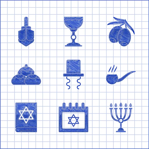 Kenarlı Ortodoks Yahudi şapkası, David 'in Yahudi takvim yıldızı, Hanuka menorası, pipo dumanı, torah kitabı, tatlı fırın, zeytin dalı ve dreidel ikonu. Vektör — Stok Vektör