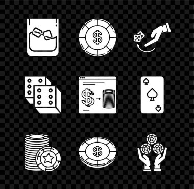 Viski ve buz küpleri, dolar sembollü kumarhane çipi, insan eli attığı zar, fiş, el ele tutuşan kumarhane, oyun ve çevrimiçi takası dolar ikonu. Vektör