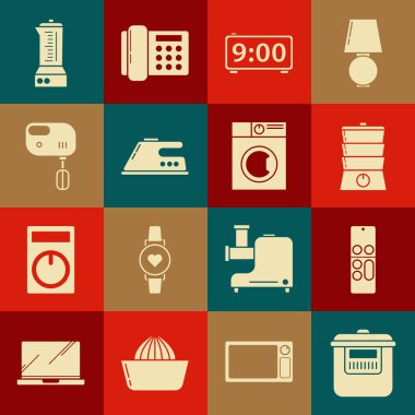 Yavaş pişirici, uzaktan kumanda, çift kazan, dijital alarm saati, elektrikli ütü, karıştırıcı, blender ve çamaşır makinesi ikonu. Vektör