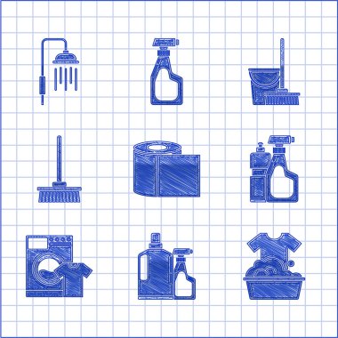 Tuvalet kağıdı rulosu, sıvı bulaşık deterjanı için plastik şişeler, sabun köpüklü leğen, çamaşır makinesi ve tişört, süpürge, kova ve duş başlığı ikonu. Vektör
