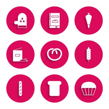 Kraker, ekmek tostu, kek, pirinç, buğday, mısır, yulaf, çavdar, Fransız baget ekmeği, un paketi, pasta süsleme pastası ve fırın eldiveni ikonu. Vektör