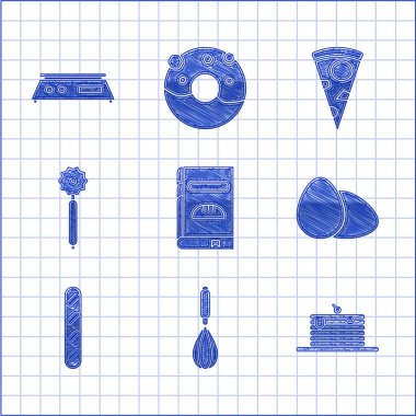 Set yemek kitabı, mutfak çırpıcı, krep yığını, tavuk yumurtası, Fransız ekmeği, pizza bıçağı, dilimlenmiş pizza ve elektronik ölçek ikonu. Vektör