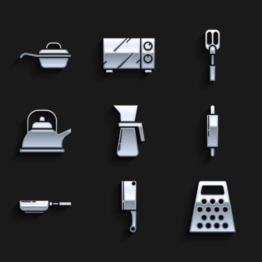 Ölçme kabı, et helikopteri, Grater, merdane, kızartma tavası, saplı kettle, sppatula ve ikon hazırlayın. Vektör
