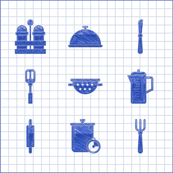 Set Escurridor de cocina, Temporizador de cocina, Tenedor, Tetera, Rodillo, Espátula, Cuchillo y Sal icono pimienta. Vector — Vector de stock