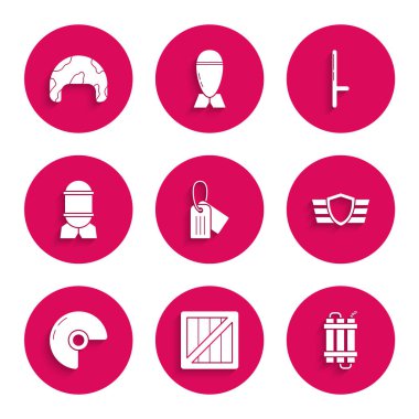 Askeri künye, mühimmat kutusu, dinamit bomba çubuğu, ödül madalyası, miğfer, havacılık, polis lastik copu ve ikonu hazırlayın. Vektör