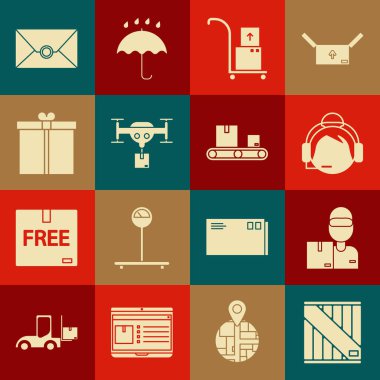 Tahta kutuyu, karton kutularla teslimatçıyı, temasta bulunan destek operatörünü, el kamyonunu ve paketi, hediyeyi, zarfı ve taşıma bandını ayarla. Vektör