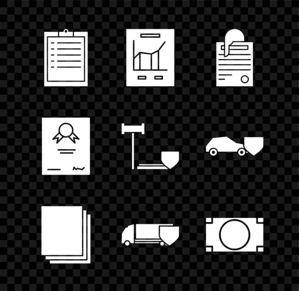 Set Zwischenablage mit Checkliste, Diagrammdiagramm, Datei-Dokument und Büroklammer, Sauberkeit, Lieferung Lastkraftwagen Schild, Stapelt Geld Bargeld, Zertifikatsvorlage und Richter Gabel Symbol. Vektor — Stockvektor