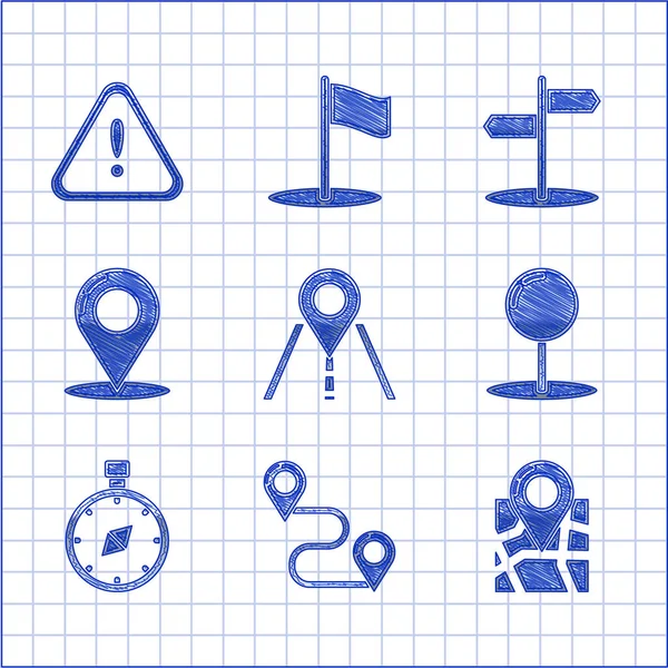 Establecer señal de tráfico por carretera, Ubicación de la ruta, Mapa plegado con marcador, Push pin, Brújula, Mapa, y el icono del triángulo de exclamación. Vector — Vector de stock