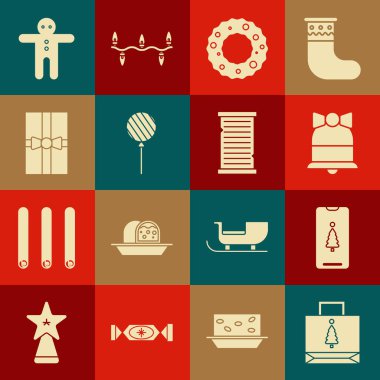 Noel kartı alışveriş çantası, hediye kutulu akıllı telefon, mutlu zil, çelenk, lolipop, hediye, zencefilli kurabiye ve dilek listesi ikonu. Vektör