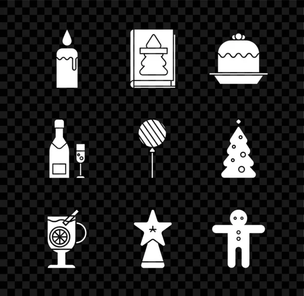 Set Brandende kaars in kandelaar, Kerstboek, Cake, Glühwein met glas drank, ster, Holiday gingerbread man cookie, Champagne fles champagne en Lollipop icoon. Vector — Stockvector