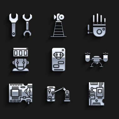 Bot, Elektronik bilgisayar bileşenleri dijital çip, İHA 'lar aksiyon kamerasıyla uçuyor, basılı devre PCB, Robot, Mekanik ve Spanner simgeleri. Vektör