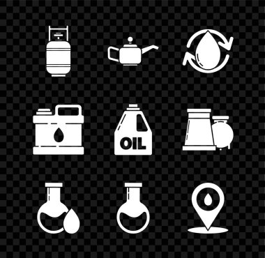 Propan benzin deposu, motor yağı, yağ damlası, benzin test tüpü, test ve matara, yakıt doldurma konumu ve ikon için tüp ayarlayın. Vektör