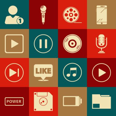 Belge dizinini ayarla, daire şeklinde çal, Mikrofon, Film makarası, Duraklat düğmesi, kare, Arkadaş Ekle ve Vinil disk simgesi ekle. Vektör