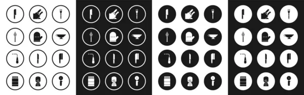 Set Gabel, Ofenhandschuh, Honiglöffelstange, Brotmesser, Saucenboot, Messer, Fleischhacker und lange elektrische Feuerzeug Symbol. Vektor — Stockvektor