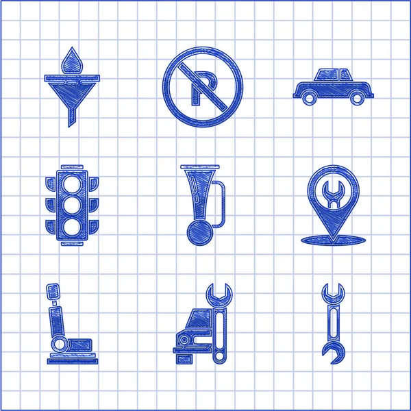 Imposta il segnale acustico sul veicolo, il servizio auto, la chiave inglese, il sedile, il semaforo e il filtro dell'imbuto e l'icona della goccia dell'olio motore. Vettore — Vettoriale Stock