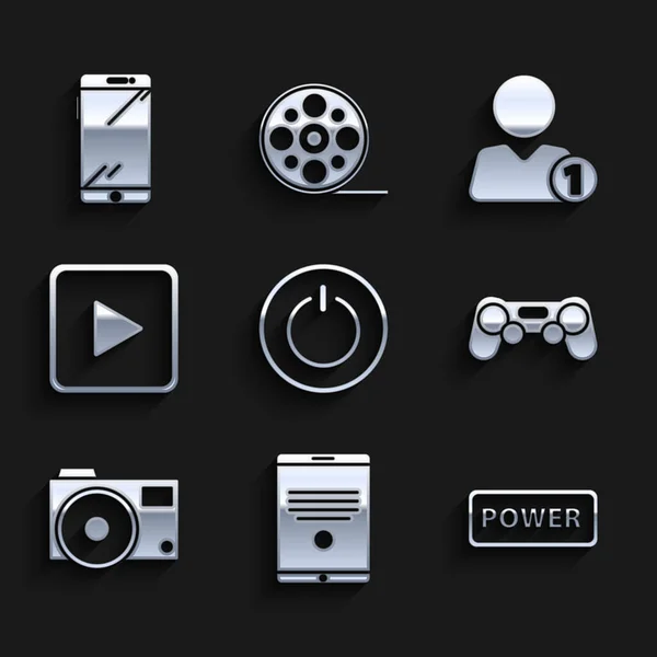 Σετ Power button, Tablet, Gamepad, Photo camera, Play in square, Προσθήκη φίλου και Smartphone, εικονίδιο κινητού τηλεφώνου. Διάνυσμα — Διανυσματικό Αρχείο