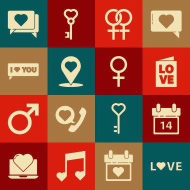 Set Love metin, Takvim 14 Şubat, Sevgililer Günü partisi ilanı, kadın cinsiyet sembolü, harita işaretçisi kalbi, konuşma balonu seni seviyorum, beğen ve ikon. Vektör