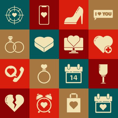 Takvimi kalp, şarap kadehi, kalp, kadın ayakkabısı yüksek topuk, şeker şeklinde kutu, alyans, dart nişan merkezi ve bilgisayar monitörü ikonu ile ayarla. Vektör