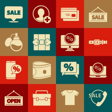 Telefon desteği, yüzde indirim ve dizüstü bilgisayar, deri kemer, kredi kartı, hediye kutusu, parfüm, satış ve monitör ikonu. Vektör
