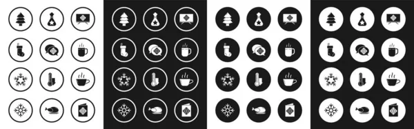 Establecer Feliz Navidad en la televisión, Copo de nieve con burbuja de habla, media, árbol, taza de café, regalo de la bolsa de Santa Claus, y el icono. Vector — Vector de stock