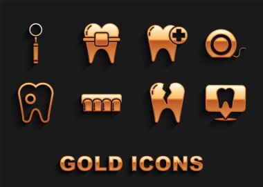 Takma dişler modeli, diş ipi, klinik konumu, kırık diş bakımı, muayene aynası ve diş teli ikonu. Vektör