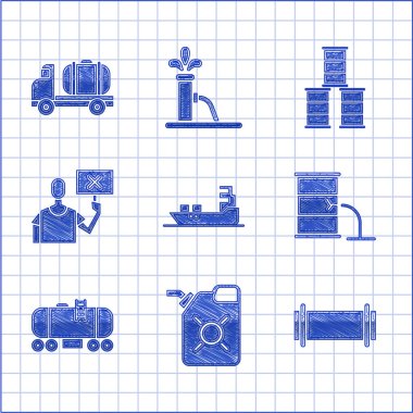 Petrol tankeri, motor yağı tenekesi, sanayi borusu fıçı sızıntısı, demiryolu sarnısı, doğa koruma protestosu ve tanker kamyon ikonu. Vektör