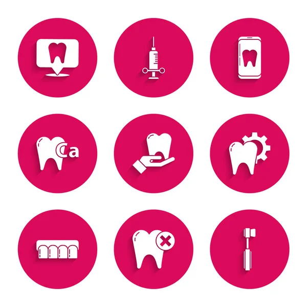 Set Tooth, with caries, Toothbrush, treatment procedure, Dentures model, Calcium for tooth, Online dental care and Dental clinic location icon. Vector — Stock Vector