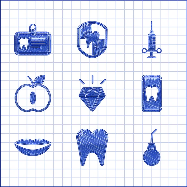Set dentes de diamante, dente, pêra Enema, cuidados odontológicos on-line, lábios sorridentes, maçã, seringa médica dental e cartão de identificação com ícone de dente. Vetor —  Vetores de Stock