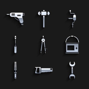 Çizim pusulası, testere, İngiliz anahtarı, boya kovası, tahta kesme aleti, tornavida, matkap ve elektrikli sıcak yapıştırıcı tabancası ikonu. Vektör
