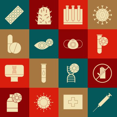 Şırıngayı hazırla, tokalaşma yok, virüslü test tüpü, kan testi, kırmızı göz nedeni, ilaç hapı ya da tablet, haplar su topladı ve tıbbi koruyucu maske ikonu. Vektör