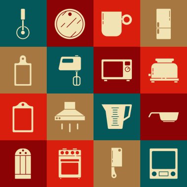 Elektronik terazileri, kızartma tavasını, tost makinesini, kahve bardağını, elektrikli karıştırıcıyı, kesme tahtasını, pizza bıçağını ve mikrodalga fırın ikonunu ayarla. Vektör