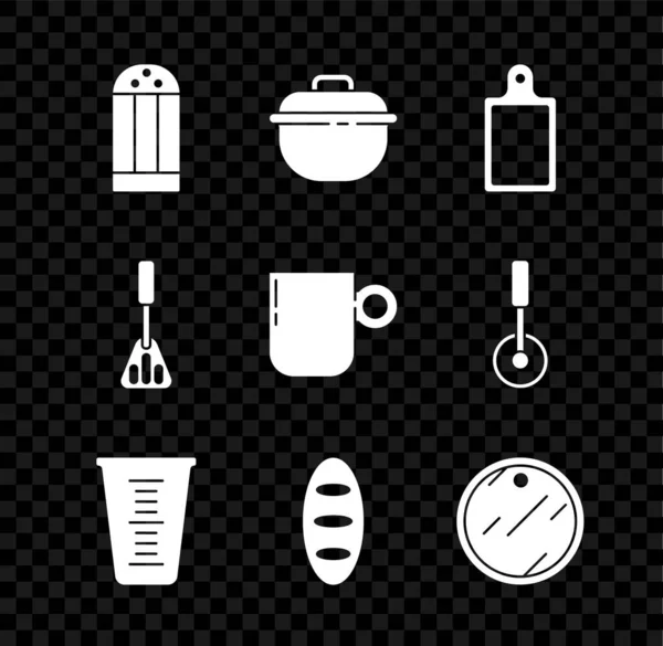 塩をセット,調理鍋,まな板,計量カップ,パンローフ,スパチュラとコーヒーアイコン.ベクトル — ストックベクタ