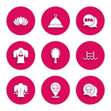 Sauna süpürgesi, masaj, merdiveni, aroma yağlı yüzme havuzu, spa salonu ve nilüfer çiçeği ikonu. Vektör