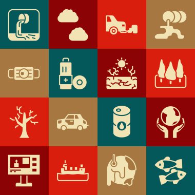 Ölü balık, Dünya 'yı tutan eller, orman, araba egzozu, pil, tıbbi koruyucu maske, atık su ve kuraklık ikonu. Vektör