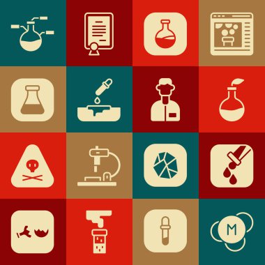 Molekül, tüp ve matara, bitki yetiştiriciliği, pipetli Petri kabı ve laboratuvar asistanı ikonu hazırlayın. Vektör