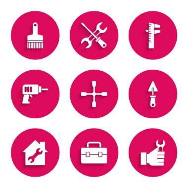 İngiliz anahtarı, Alet Kutusu, İngiliz anahtarı, Trowel, Ev onarımı, elektrikli matkap, Calliper veya kalibre ve boya fırçası ikonu. Vektör