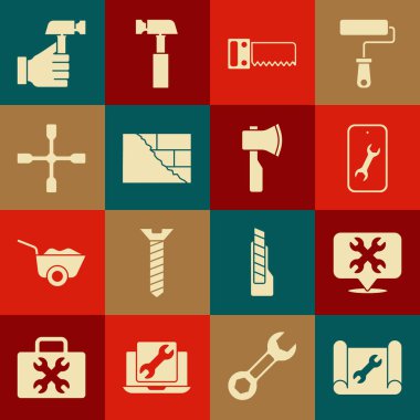 Grafik kağıdı ve anahtarı ayarla, yeri, mobil servisi, el testeresi, tuğlalar, tekerlek, çekiç ve tahta balta ikonu. Vektör